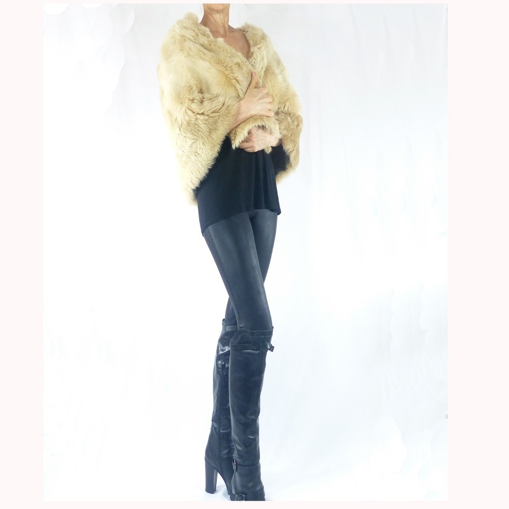 DKNY 100% Lamb Leather Fur Cape, Sz 0/S